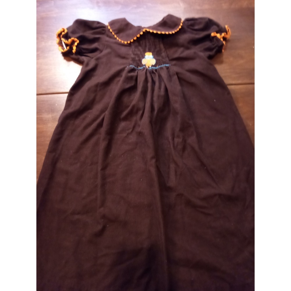 castle & crowns Girls Brown Corduroy Dress Collar Short Puff Sleeve Embroidered